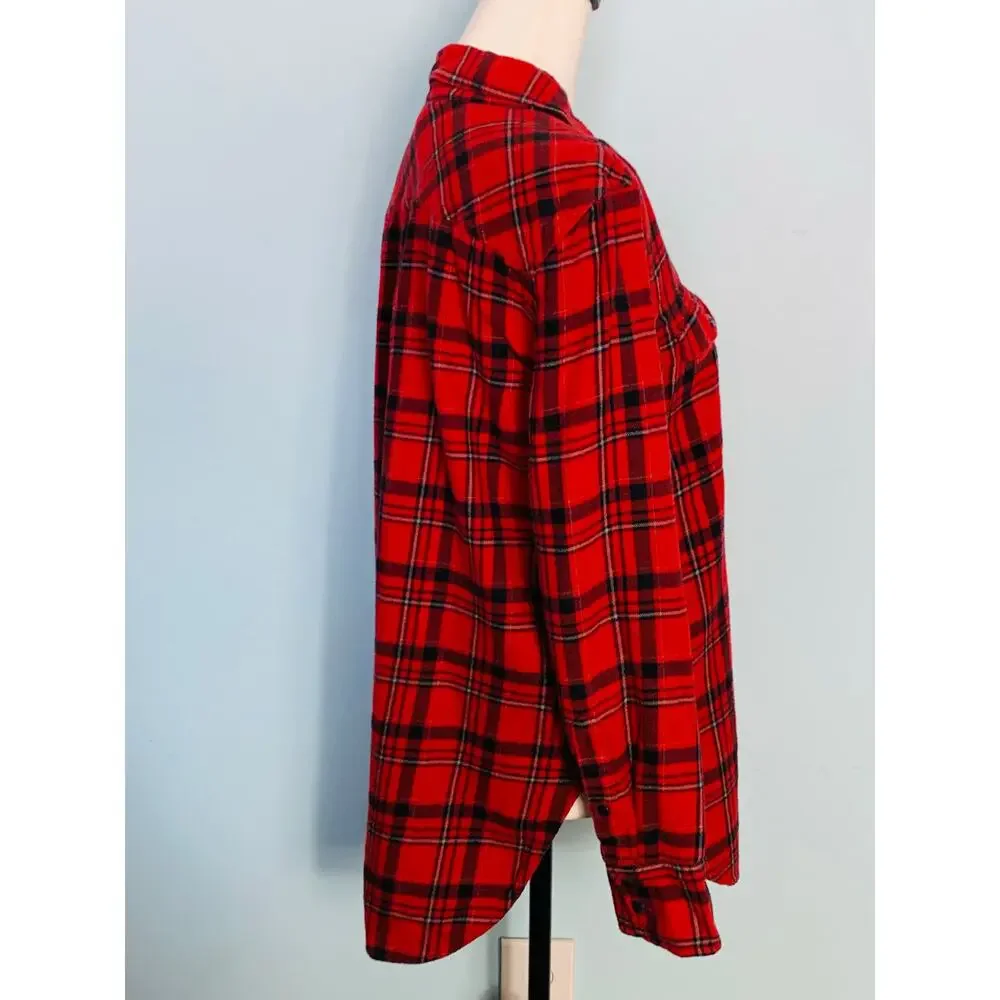 J. Crew Red and Black Windowpane Plaid Flannel Button Down Size 8